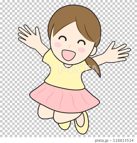 両手を広げて笑顔でジャンプして喜ぶ女の子のイラスト 両手を広げて笑顔でジャンプして喜ぶ女の子のイラスト 118813514