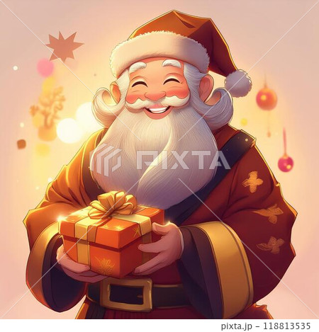 サンタがプレゼントをもって笑顔でこちらをみている サンタがプレゼントをもって笑顔でこちらをみている 118813535