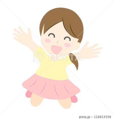 笑顔で両手を広げジャンプして喜ぶ女の子のイラスト 118813556