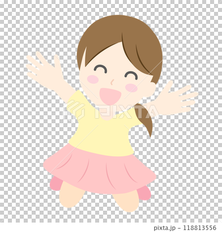 笑顔で両手を広げジャンプして喜ぶ女の子のイラスト 118813556