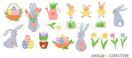 Big easter set of cute characters and holiday decor. Vector decoration collection: eggs, rabbit, basket, chick, spring grass. Spring garden flowers. 118813596