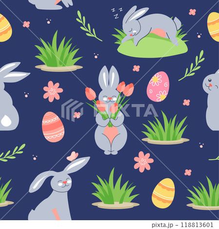 Easter beautiful seamless background. Cute cartoon rabbits and flowers on a dark blue background. 118813601