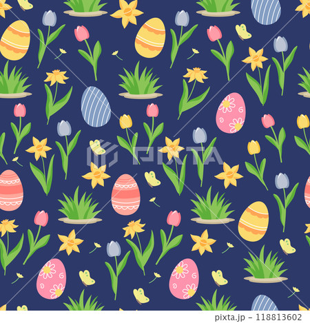 Easter seamless pattern with eggs and spring flowers, grass on blue background. 118813602