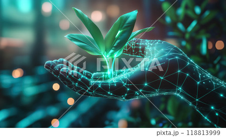 A neural network hand holds a plant, symbolizing the union of AI and nature. The concept of innovation, sustainability, and the potential for technology to support environmental growth. Generative AI. 118813999