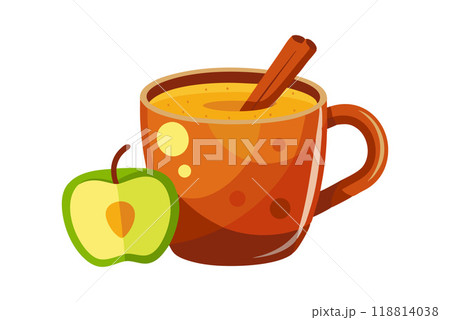 Illustration of a hot apple cider in a mug with a cinnamon stick and a green apple 118814038