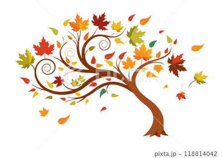 Colorful autumn tree with swirling branches and falling leaves 118814042