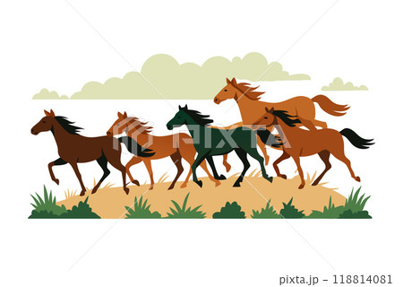 Colorful vector illustration depicting a herd of horses running in a grassy field, showcasing freedom and nature. 118814081