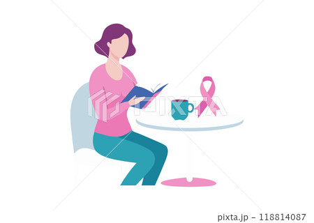Woman reading a book with a pink ribbon for breast cancer awareness 118814087