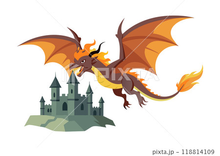 Dragon flying over a medieval castle Dragon flying over a medieval castle 118814109
