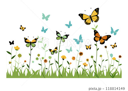 Vibrant illustration featuring colorful butterflies flying above blooming wildflowers in a green grassy field against a white background. Vibrant illustration featuring colorful butterflies flying above blooming wildflowers in a green grassy field against a white background. 118814149