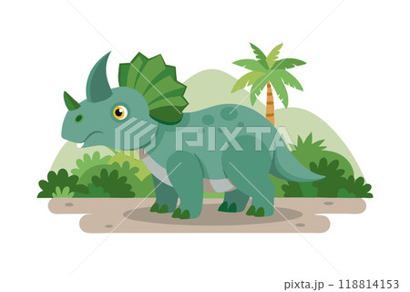 Illustration of a cute cartoon triceratops dinosaur standing in a prehistoric jungle setting with tropical plants and palm trees. Illustration of a cute cartoon triceratops dinosaur standing in a prehistoric jungle setting with tropical plants and palm trees. 118814153