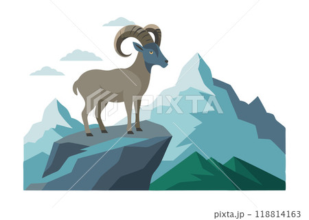 Vector illustration of a mountain goat standing confidently on a rock, with snow-capped mountain peaks in the background 118814163