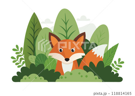 Adorable cartoon fox surrounded by lush green leaves, bushes, and trees in a forest setting. Perfect for children's illustrations and nature-themed designs. 118814165