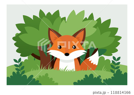 Adorable cartoon fox character sitting in a forest. Cute and playful illustration featuring a fox surrounded by greenery and bushes. 118814166