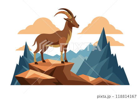 Creative illustration showing a mountain goat standing confidently on a rocky peak with mountains and clouds in the background. 118814167