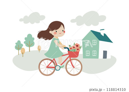 Cute illustration of a girl on a bicycle with a basket of flowers, passing by a house in a picturesque setting with trees and clouds. 118814310