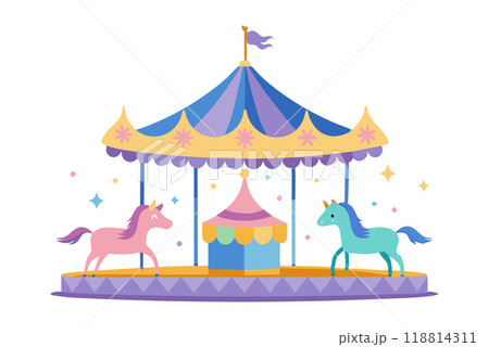 Whimsical illustration of a colorful carousel with enchanting unicorns, perfect for children's themes, amusement parks, and fantasy concepts. 118814311