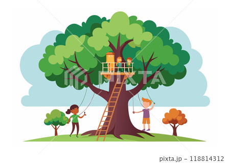 Illustration of children playing in a treehouse with swings and a ladder, depicting outdoor fun and adventure. 118814312