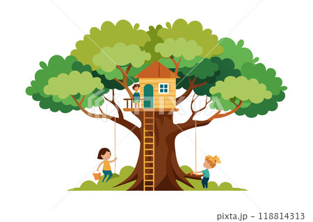 Colorful vector illustration of happy children playing around a large treehouse. Kids are swinging and climbing, enjoying outdoor activities. 118814313
