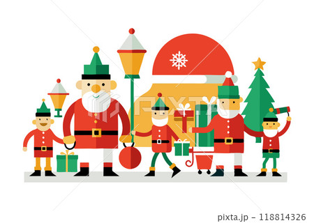 Colorful Christmas illustration with Santa Claus, elves, and gifts in festive scene Colorful Christmas illustration with Santa Claus, elves, and gifts in festive scene 118814326