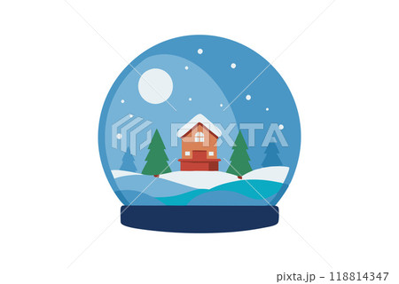 Illustration of a snow globe with a cozy winter house and trees in snowy landscape 118814347