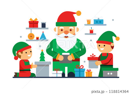 Santa and elves in workshop wrapping Christmas presents and preparing for holiday season 118814364