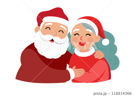 Cheerful Santa and woman in Christmas hats hugging and smiling, festive holiday illustration 118814366