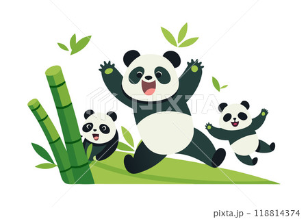 Adorable illustration of a panda family enjoying playful moments in a bamboo forest. 118814374