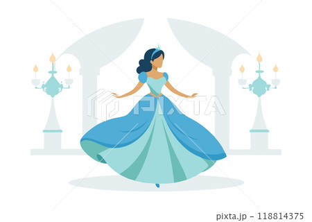 Illustration of an elegant princess in a blue dress gracefully dancing inside a castle. The image radiates elegance and fantasy. 118814375