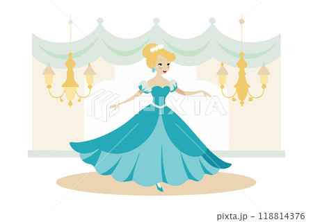 Illustration of an elegant princess in a blue dress dancing at a royal ball. The scene features chandeliers and a luxurious interior. 118814376