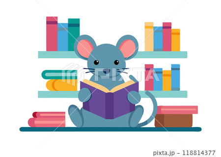 Adorable cartoon mouse reading a book in a vibrant library setting, surrounded by colorful bookshelves and books. 118814377