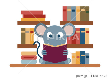 Illustration of a cute cartoon mouse reading a book, surrounded by bookshelves filled with colorful books in a library setting. 118814378