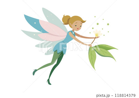 Whimsical fairy character with delicate wings holding a flower and floating in mid-air. Perfect for fantasy, magical, and fairytale themes. 118814379
