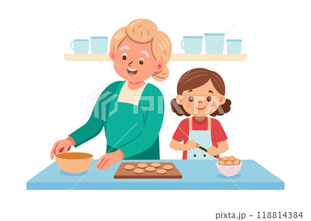 Grandmother and granddaughter happily baking cookies together in the kitchen, enjoying a fun and loving family activity. Grandmother and granddaughter happily baking cookies together in the kitchen, enjoying a fun and loving family activity. 118814384
