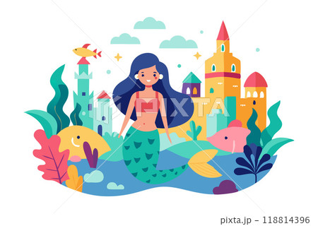 Vibrant and whimsical illustration of a mermaid underwater, surrounded by marine animals, plants, and a fantastical castle. 118814396