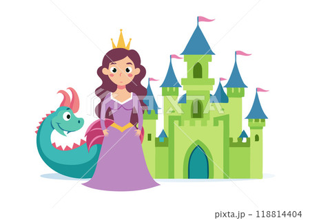 Colorful cartoon of a princess standing with a dragon and a fantasy castle in the background. Perfect for children's fairy tales and fantasy themes. Colorful cartoon of a princess standing with a dragon and a fantasy castle in the background. Perfect for children's fairy tales and fantasy themes. 118814404