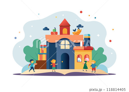 Playful children enjoying their time outdoors around a vibrant building with books and fruits in a whimsical setting. Playful children enjoying their time outdoors around a vibrant building with books and fruits in a whimsical setting. 118814405