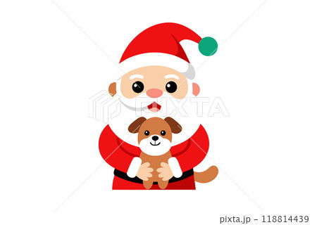 Cute cartoon Santa Claus holding a puppy in arms celebrating Christmas season 118814439