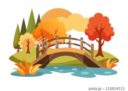 Illustration of a picturesque autumn landscape with a wooden bridge over a river and colorful trees Illustration of a picturesque autumn landscape with a wooden bridge over a river and colorful trees 118814511