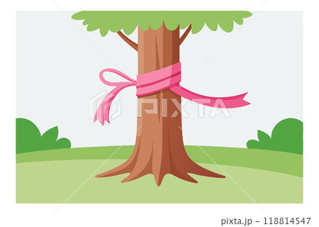 Tree with a pink ribbon tied around it to show support for breast cancer awareness Tree with a pink ribbon tied around it to show support for breast cancer awareness 118814547