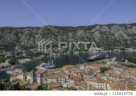 Montenegro, Kotor. View of Kotor port from the mountain with the cruise ship Evrima 118814758