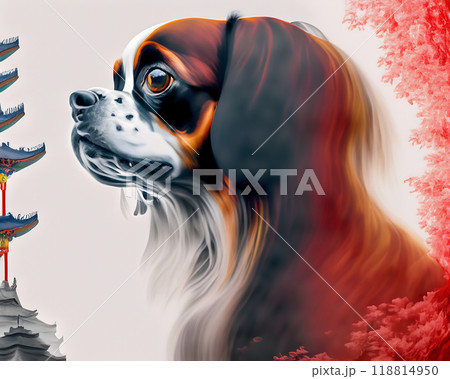 Majestic Pekingese gazes thoughtfully amid autumn foliage and a traditional pagoda in China 118814950