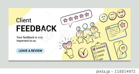 Feedback or review banner template. Rating, five stars, like doodle icons. 118814972