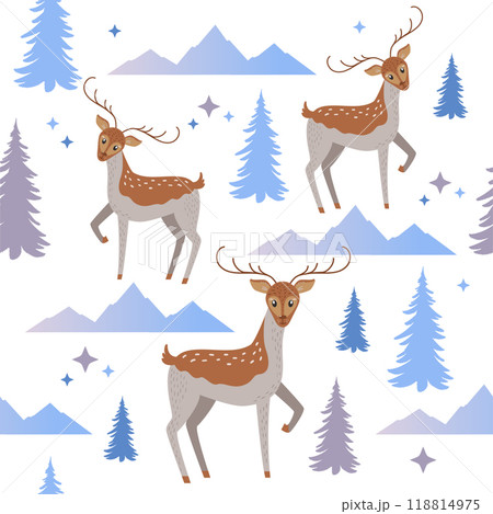 Vector seamless pattern with cute deer, fir trees and mountains. Winter wrapping paper with animals. 118814975