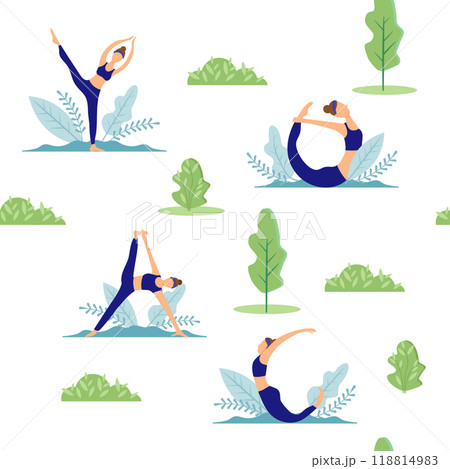 Yoga in the Park. Girls in different poses are engaged in charging in nature. Vector seamless pattern in flat style. 118814983