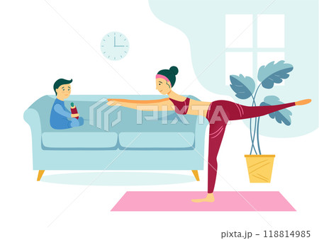 A woman does yoga at home. Mom and child doing exercises in the apartment. Vector concept. 118814985