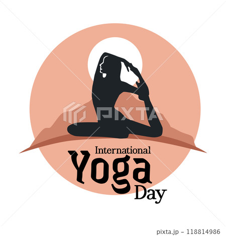 International Yoga Day. Woman in yoga body posture on background. Creative vector illustration. Social media template. 118814986