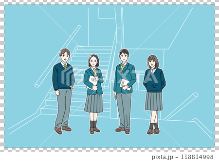 制服を着た笑顔の学生の全身イラスト　学校の廊下 118814998