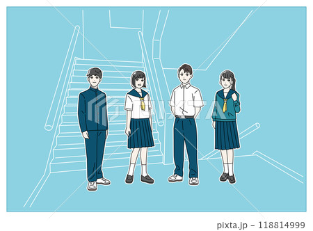 制服を着た笑顔の学生の全身イラスト　学校の廊下 118814999