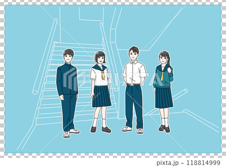 學校走廊上穿著制服的微笑學生的全身插圖 118814999